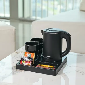 H76b86348e4f843f4911553e4eb1286f6x.webp 3in1 Electric Hotel Service Used Tea Set with Stainless Steel Water Kettle Welcome Tea Tray and Ceramic Mugs