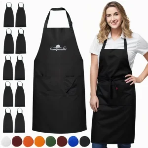 Ha6463ef6447a4ab09a7d595b88bda7a9f.webp Black Polyester 100% Cotton Waterproof Adult Chef  Bbq Food Cooking Kitchen Cheap Canvas Apron  Pockets   to Clean Custom logo