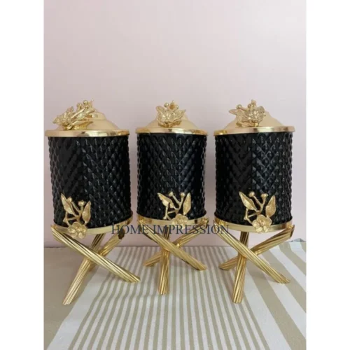 Black Color Gold Color Leaf Designing Kitchen Storage Canister Best Selling Round Set of 3 Kitchen Accessory Canister Supply