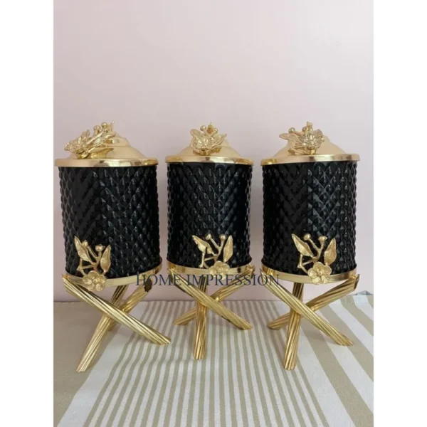 A028ee2a24d8849bb998aca19684db393n.webp Black Color Gold Color Leaf Designing Kitchen Storage Canister Best Selling Round Set of 3 Kitchen Accessory Canister Supply