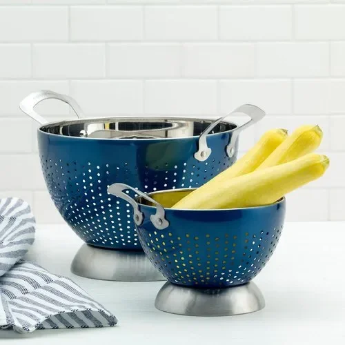 Aee8617ba3e264128ab6afd56ffffc381z.webp Blue 2-Piece Stainless Steel Colander Set Durable Kitchen Essential for Rinsing and Draining Bulk Wholesale Supply