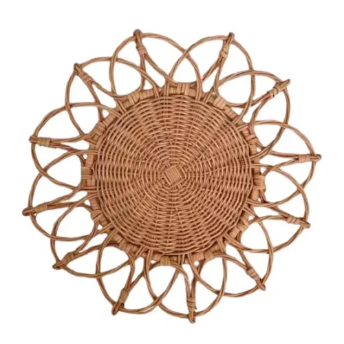 KITCHEN ACCESSORIES Woven Rattan Placemat Wood coaster Round Charger Plates Flower Shape White Brown Wedding Decoration Supplies